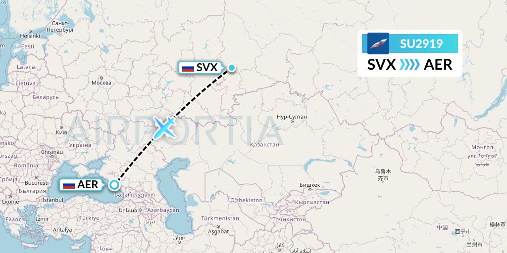 SU2919 Aeroflot Flight Map: Yekaterinburg to Sochi