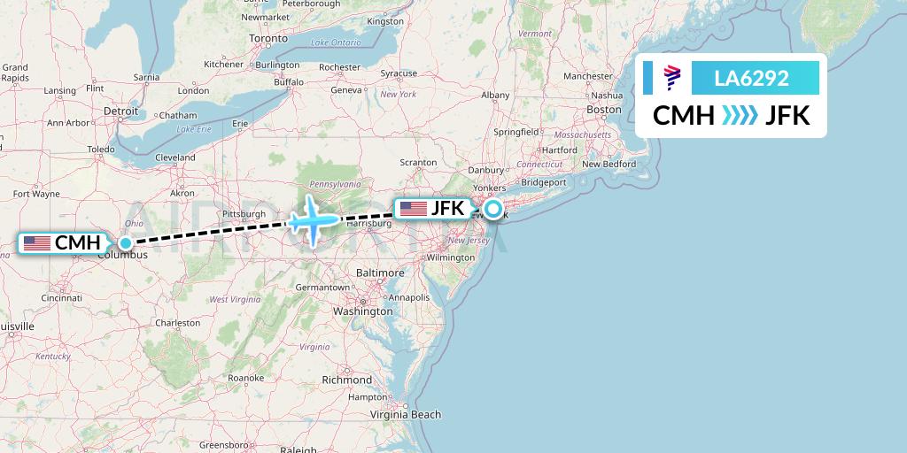 LA6292 LAN Airlines Flight Map: Columbus to New York