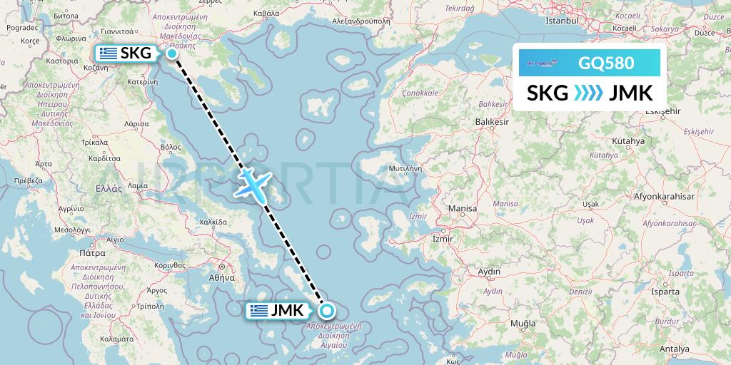 GQ580 Sky Express (Greece) Flight Map: Thessaloniki to Mykonos
