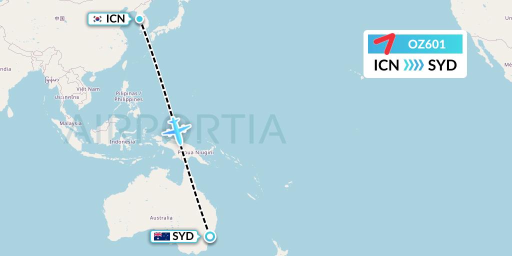 OZ601 Asiana Airlines Flight Map: Seoul to Sydney