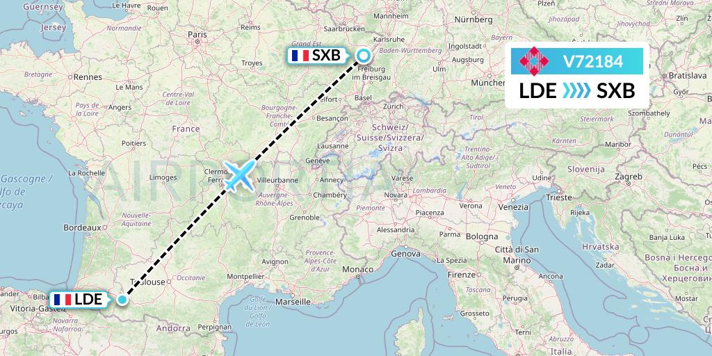 V72184 Volotea Flight Map: Tarbes to Strasbourg