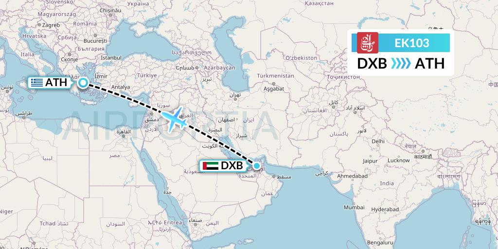 EK103 Emirates Flight Map: Dubai to Athens