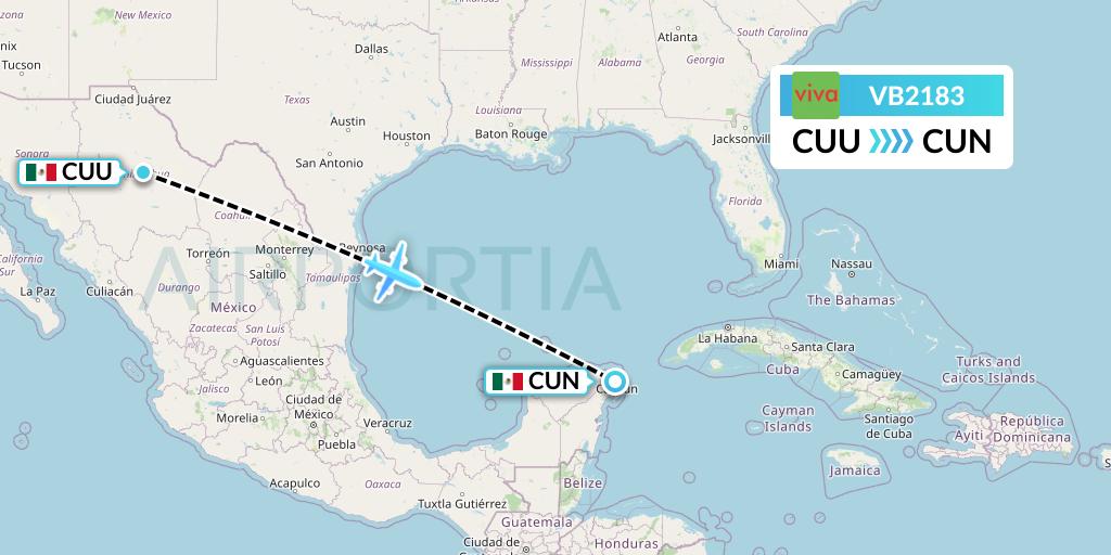 VB2183 VivaAerobus Flight Map: Chihuahua to Cancun