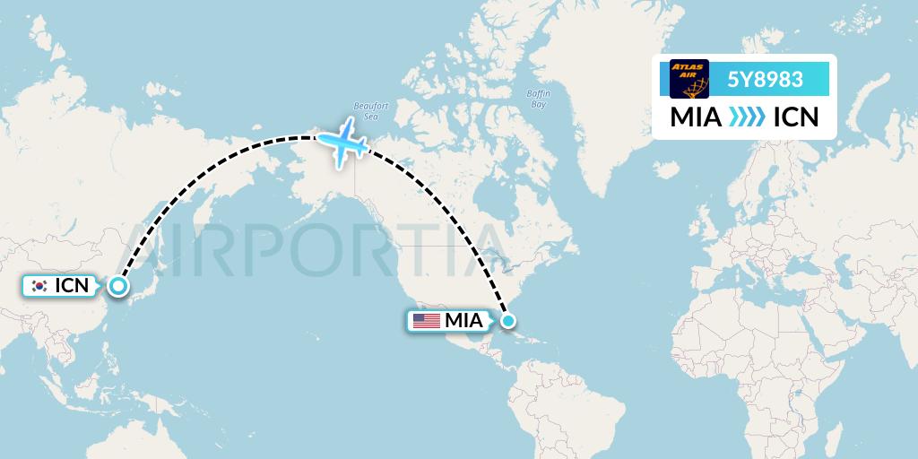 5Y8983 Atlas Air Flight Map: Miami to Seoul