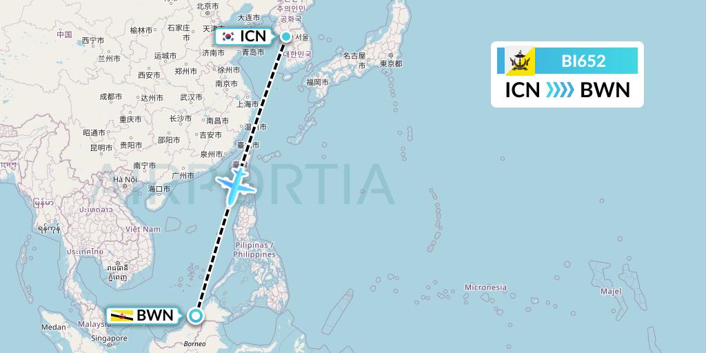 BI652 Royal Brunei Airlines Flight Map: Seoul to Brunei