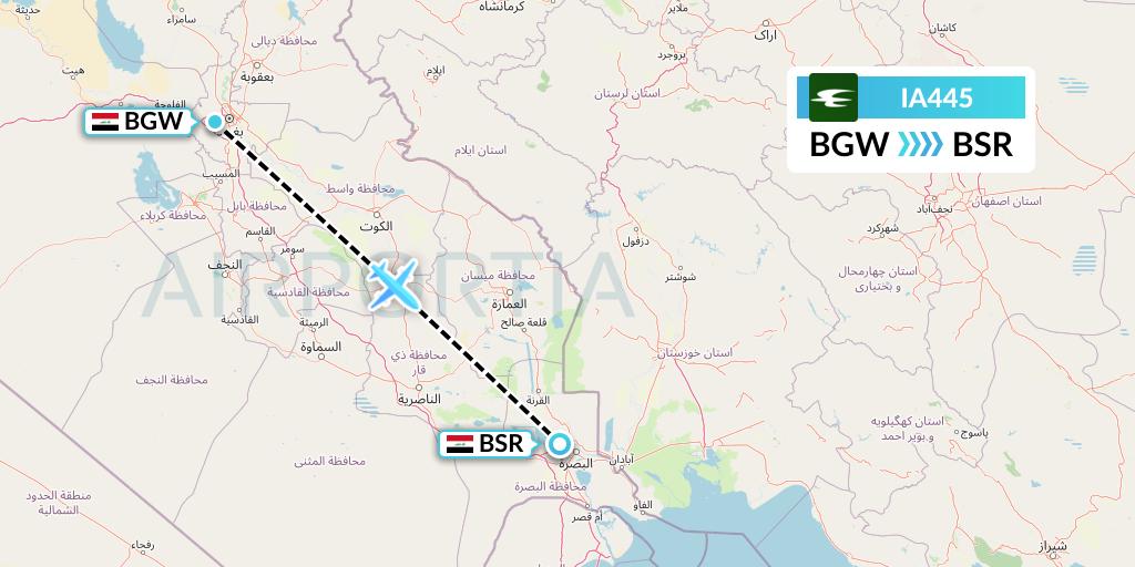 IA445 Iraqi Airways Flight Map: Baghdad to Basra
