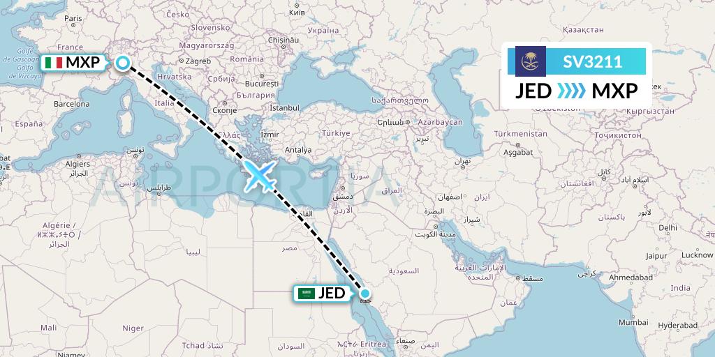SV3211 Saudi Arabian Airlines Flight Map: Jeddah to Milan