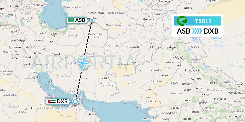 T5811 Turkmenistan Airlines Flight Map: Ashgabat to Dubai