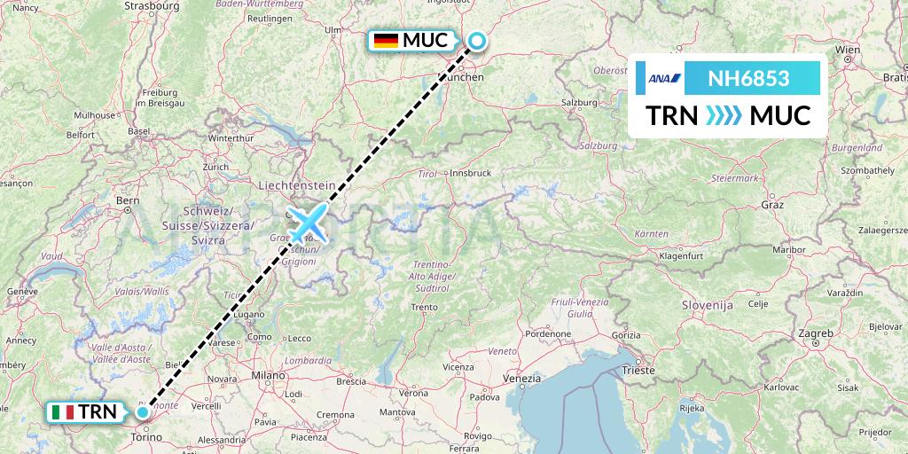 NH6853 All Nippon Airways Flight Map: Turin to Munich