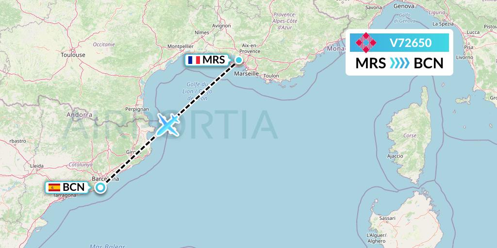 V72650 Volotea Flight Map: Marseille to Barcelona