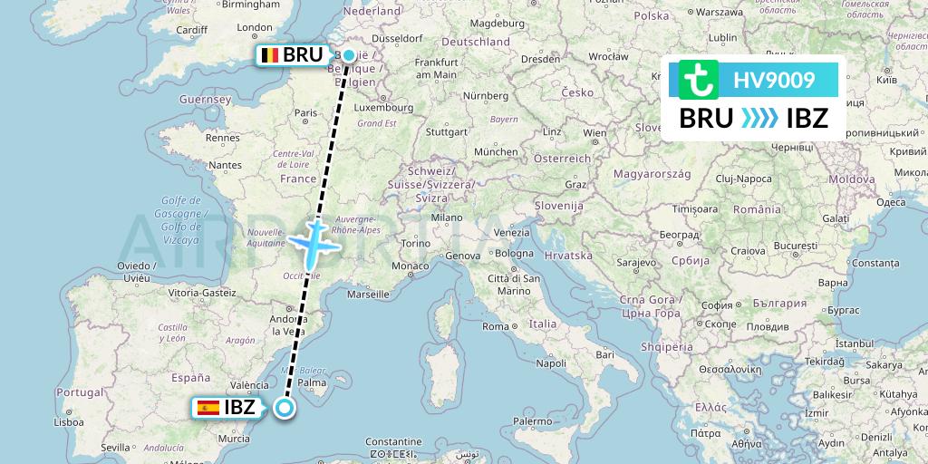HV9009 Transavia Flight Map: Brussels to Ibiza