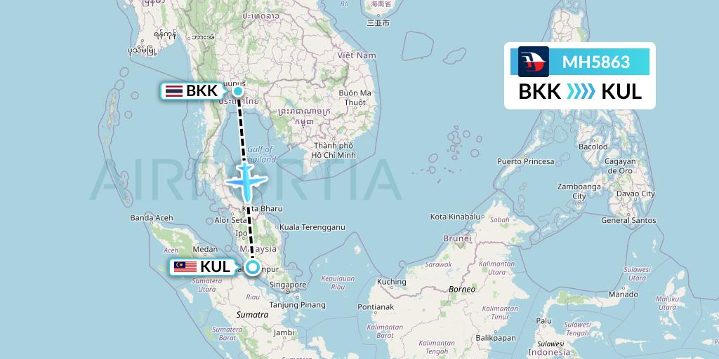 MH5863 Malaysia Airlines Flight Map: Bangkok to Kuala Lumpur