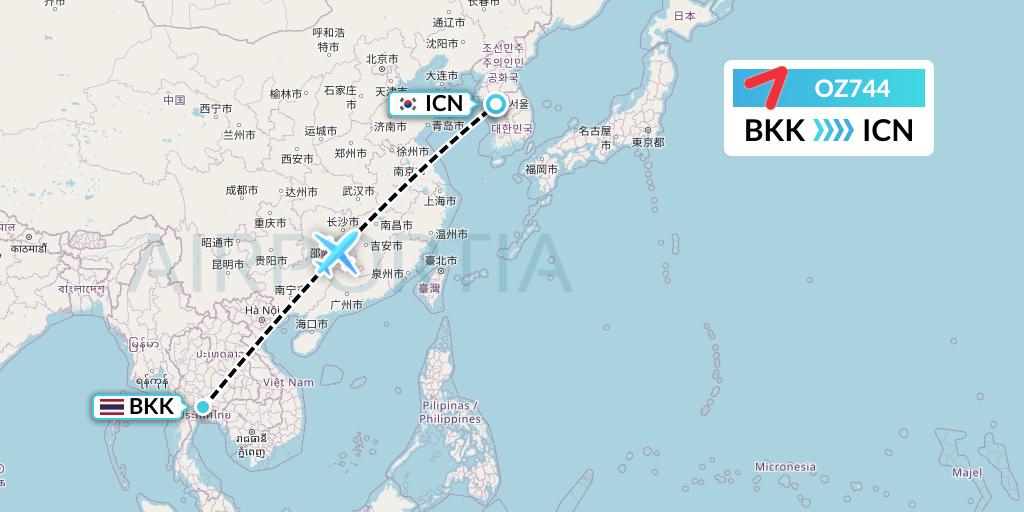 OZ744 Asiana Airlines Flight Map: Bangkok to Seoul