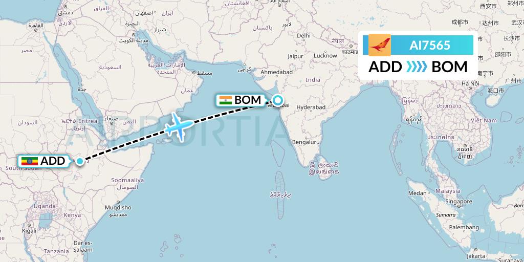 AI7565 Air India Flight Map: Addis Ababa to Mumbai