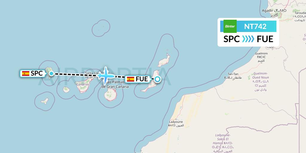 NT742 Binter Canarias Flight Map: La Palma to Fuerteventura