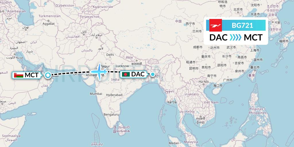 BG721 Biman Bangladesh Airlines Flight Map: Dhaka to Muscat