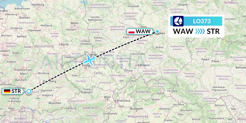LO373 LOT Flight Map: Warsaw to Stuttgart