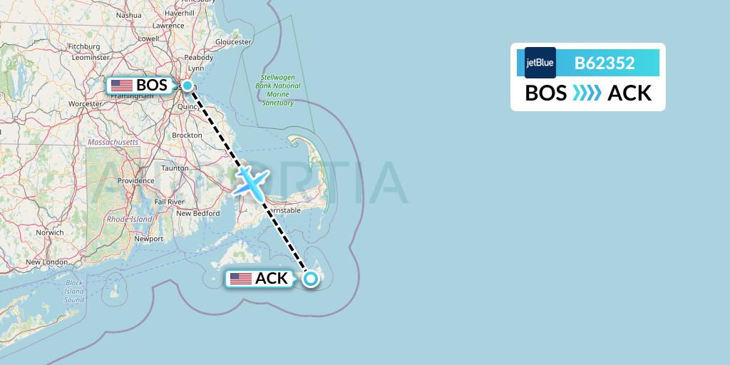 B62352 JetBlue Airways Flight Map: Boston to Nantucket