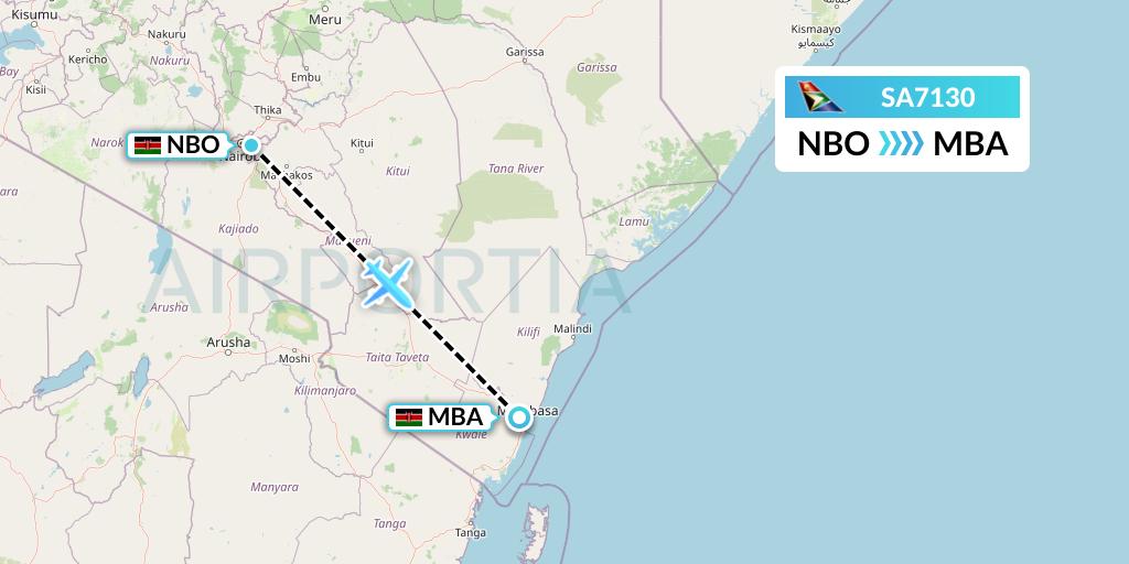 SA7130 South African Airways Flight Map: Nairobi to Mombasa