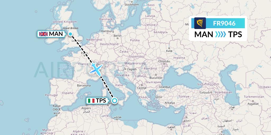 FR9046 Ryanair Flight Map: Manchester to Trapani