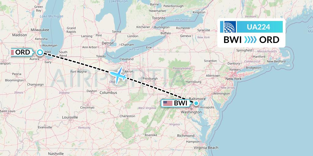 UA224 United Airlines Flight Map: Baltimore to Chicago