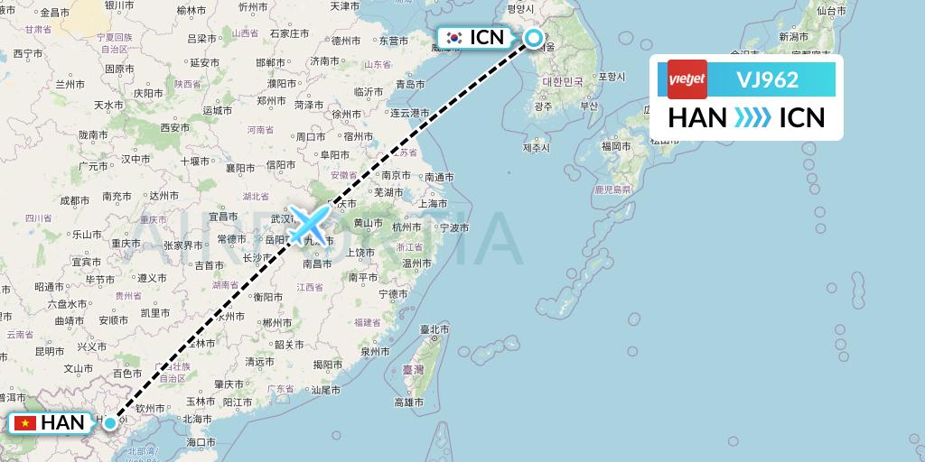 VJ962 VietJet Air Flight Map: Hanoi to Seoul