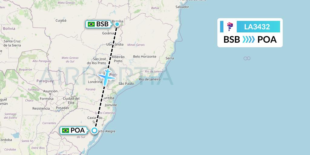 LA3432 LAN Airlines Flight Map: Brasilia to Porto Alegre