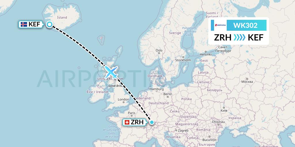 WK302 Edelweiss Air Flight Map: Zurich to Reykjavik