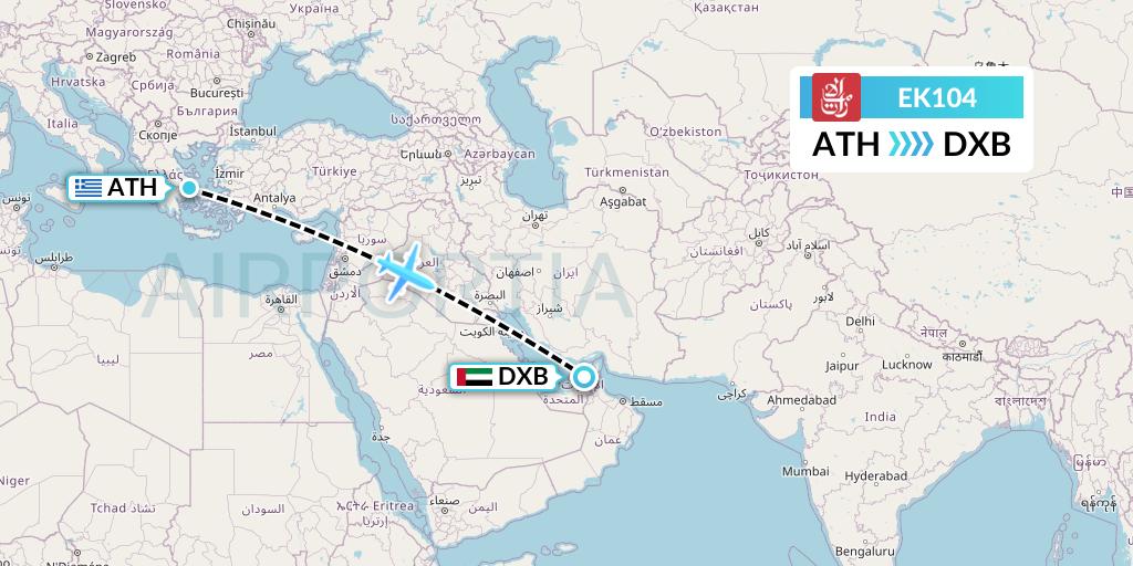 EK104 Emirates Flight Map: Athens to Dubai