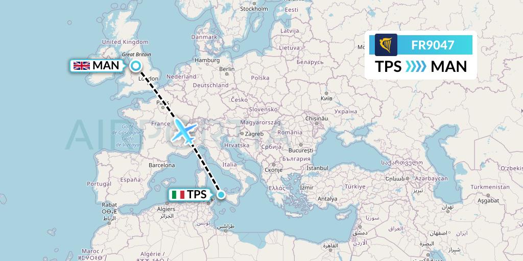 FR9047 Ryanair Flight Map: Trapani to Manchester