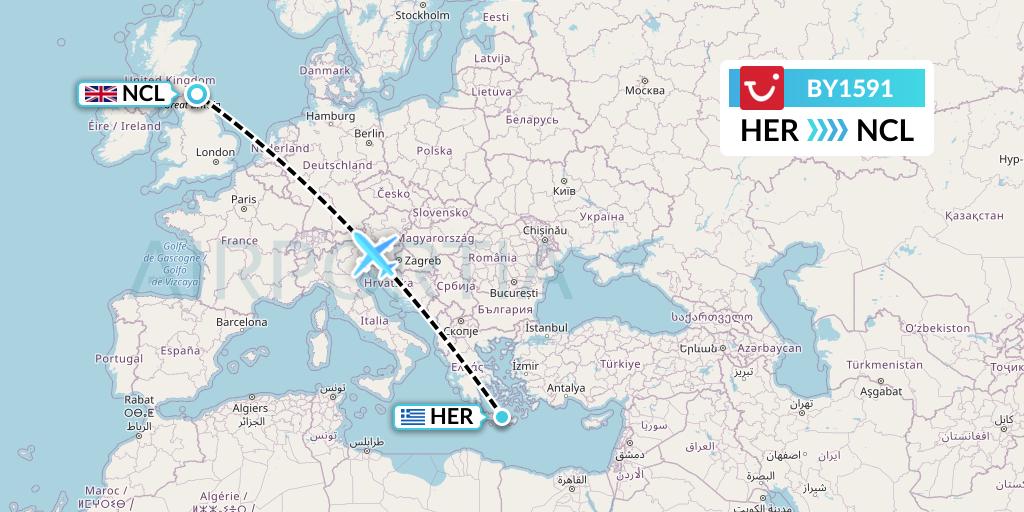 BY1591 TUI Airways Flight Map: Heraklion to Newcastle