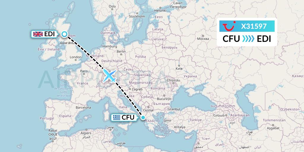 X31597 TUI fly Germany Flight Map: Corfu to Edinburgh