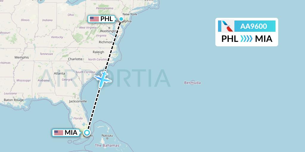 AA9600 American Airlines Flight Map: Philadelphia to Miami