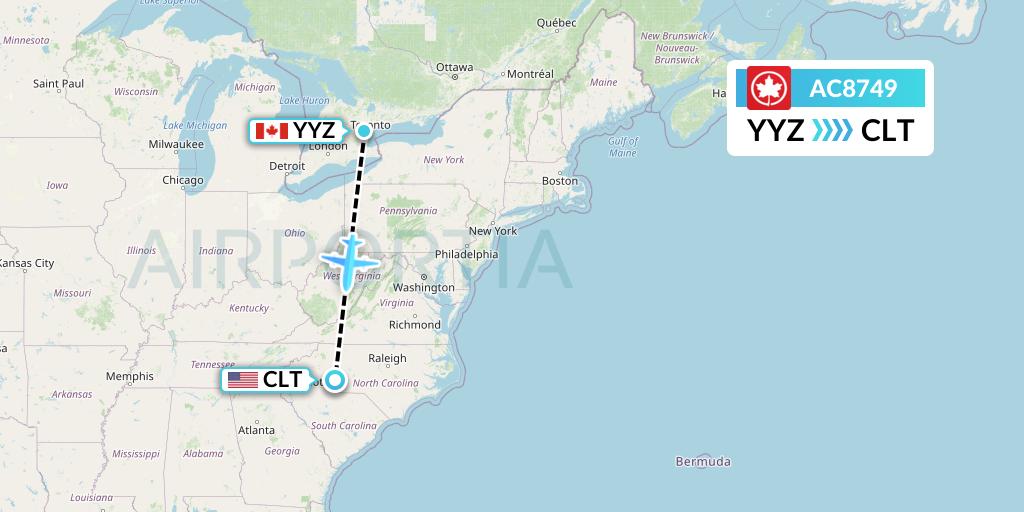 AC8749 Air Canada Flight Map: Toronto to Charlotte
