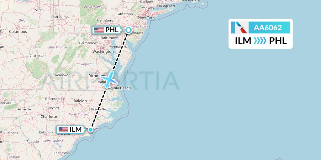 AA6062 American Airlines Flight Map: Wilmington to Philadelphia