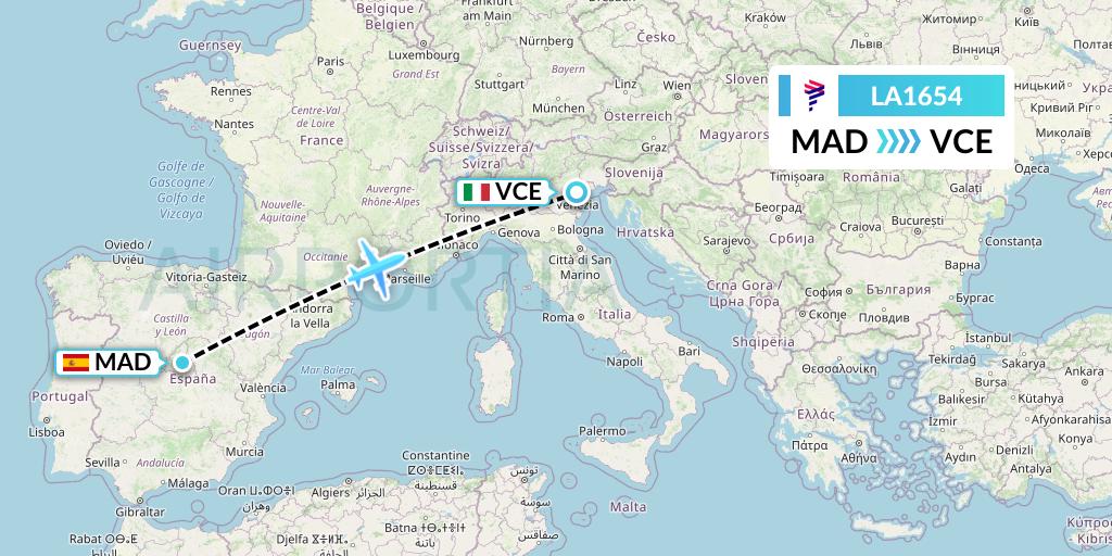 LA1654 LAN Airlines Flight Map: Madrid to Venice