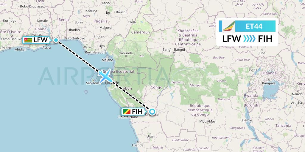ET44 Ethiopian Airlines Flight Map: Lome to Kinshasa