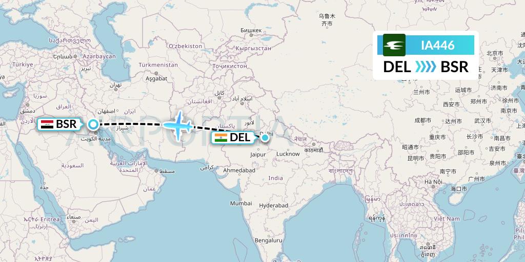 IA446 Iraqi Airways Flight Map: Delhi to Basra
