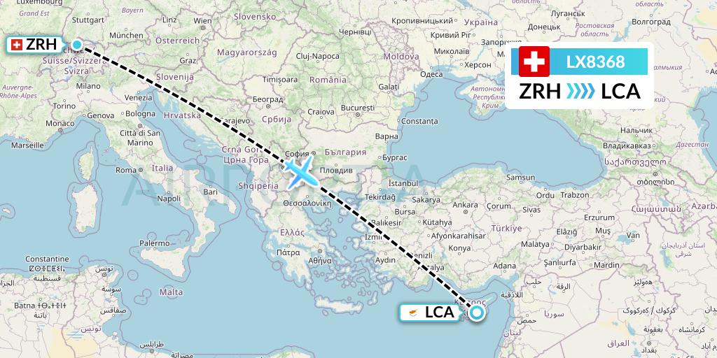 LX8368 Swiss Flight Map: Zurich to Larnaca