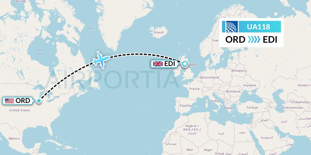 UA118 United Airlines Flight Map: Chicago to Edinburgh