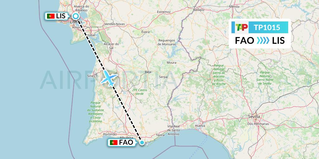 TP1015 TAP Portugal Flight Map: Faro to Lisbon