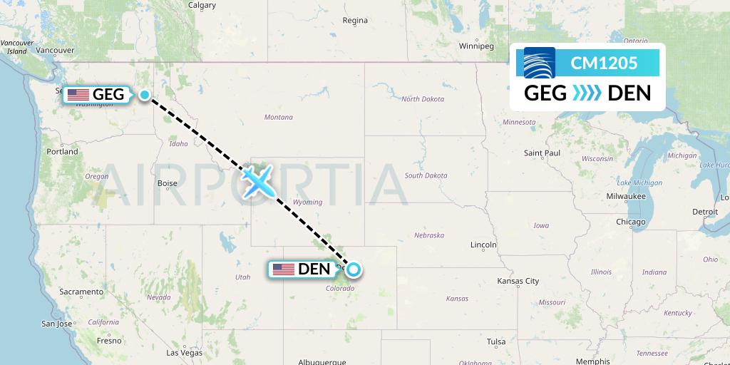 CM1205 Copa Airlines Flight Map: Spokane to Denver