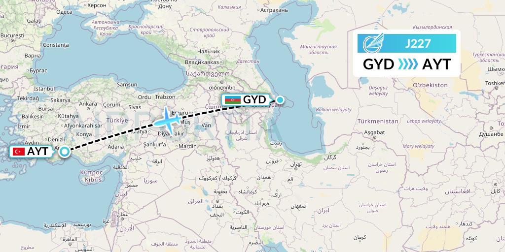 J227 Azerbaijan Airlines Flight Map: Baku to Antalya