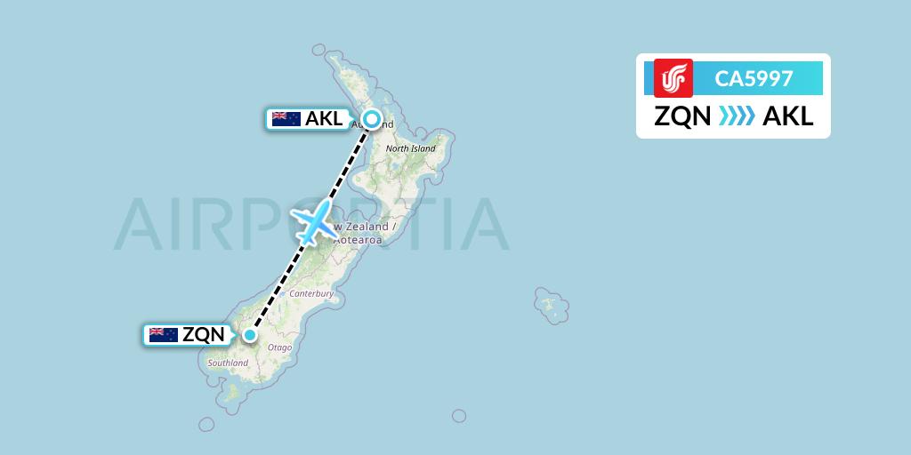 CA5997 Air China Flight Map: Queenstown to Auckland