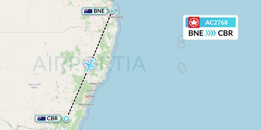 AC2768 Air Canada Flight Map: Brisbane to Canberra