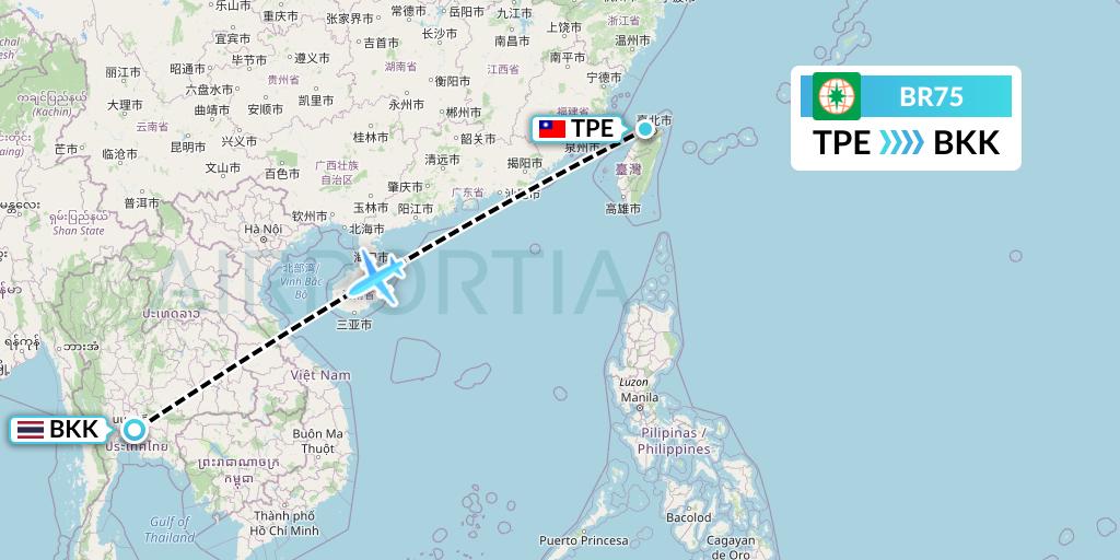 BR75 EVA Air Flight Map: Taipei to Bangkok