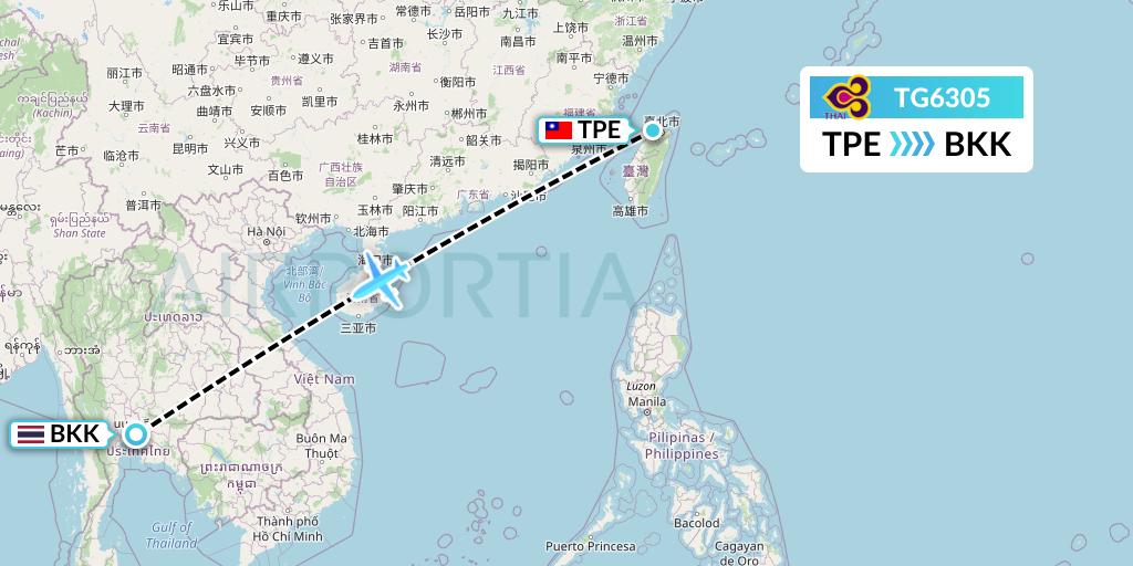 TG6305 Thai Airways Flight Map: Taipei to Bangkok