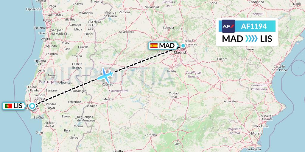 AF1194 Air France Flight Map: Madrid to Lisbon
