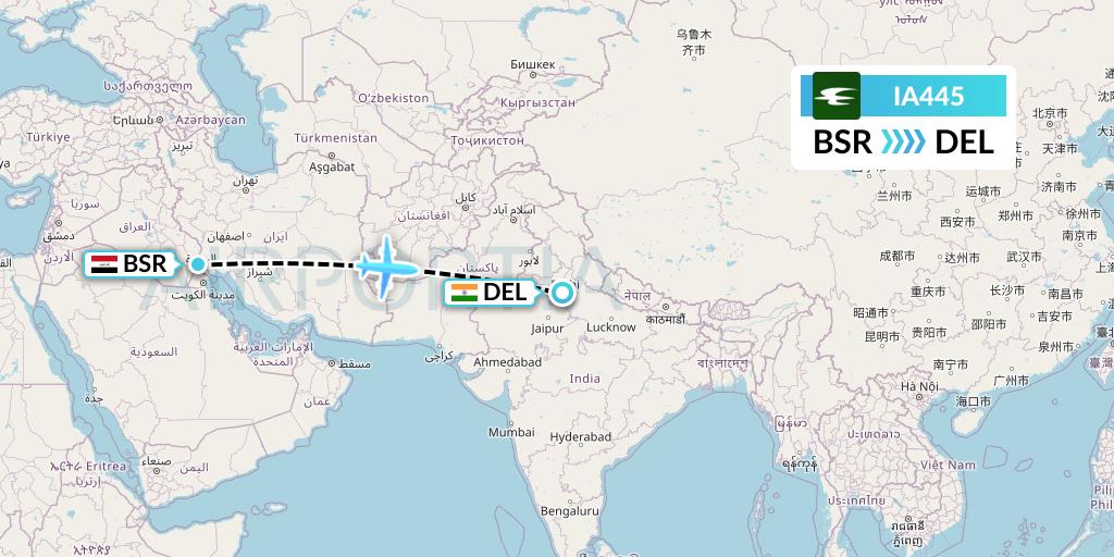 IA445 Iraqi Airways Flight Map: Basra to Delhi