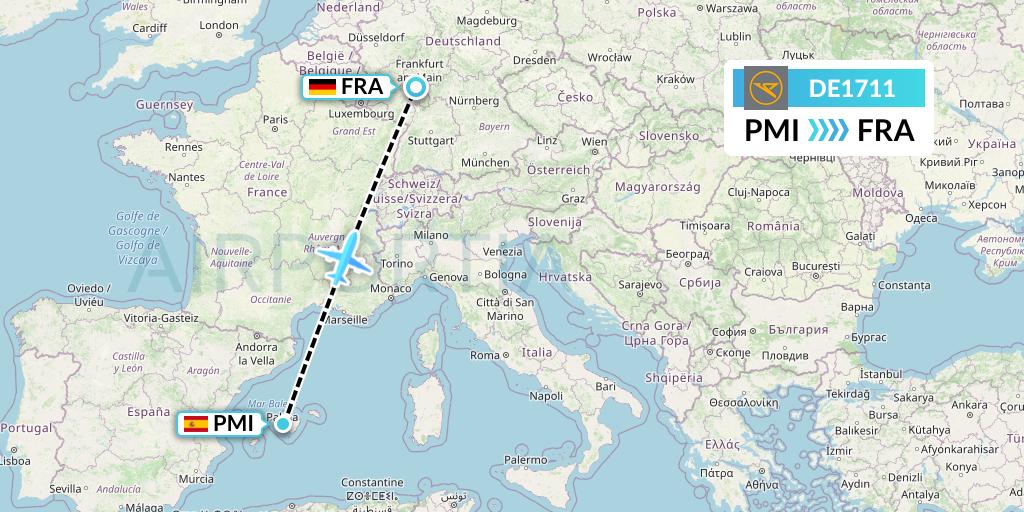 DE1711 Condor Flight Map: Palma de Mallorca to Frankfurt